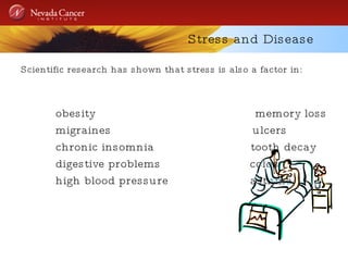 Stress and Disease Scientific research has shown that stress is also a factor in: obesity  memory loss migraines  ulcers chronic insomnia  tooth decay digestive problems  colds  high blood pressure  asthma 