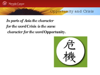 Opportunity and Crisis In parts of Asia the character  for the word  Crisis  is the same character for the word  Opportunity. 