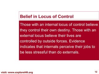 Belief in Locus of Control Those with an internal locus of control believe they control their own destiny. Those with an external locus believe their lives are controlled by outside forces. Evidence indicates that internals perceive their jobs to be less stressful than do externals. 