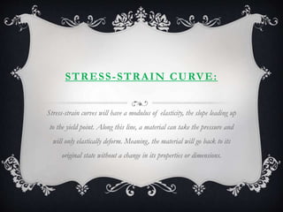 STRESS-STRAIN CURVE: 
Stress-strain curves will have a modulus of elasticity, the slope leading up 
to the yield point. Along this line, a material can take the pressure and 
will only elastically deform. Meaning, the material will go back to its 
original state without a change in its properties or dimensions. 
 