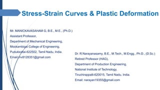 Stress-Strain Curves & Plastic Deformation
Mr. MANICKAVASAHAM G, B.E., M.E., (Ph.D.)
Assistant Professor,
Department of Mechanical Engineering,
Mookambigai College of Engineering,
Pudukkottai-622502, Tamil Nadu, India.
Email:mv8128351@gmail.com
Dr. R.Narayanasamy, B.E., M.Tech., M.Engg., Ph.D., (D.Sc.)
Retired Professor (HAG),
Department of Production Engineering,
National Institute of Technology,
Tiruchirappalli-620015, Tamil Nadu, India.
Email: narayan19355@gmail.com
 