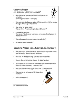 Coaching-Fragen
zur aktuellen „Distress-Analyse“
•   Beschreibe die spannende Situation möglichst an-
    schaulich!
    (Worum geht`s? Wer = beteiligt?)

•   Wie zeigt sich die Spannung bei dir? (körperlich,...?) Was ist das
    Unangenehme/Ärgerliche daran?

•   Wie siehst du deine Rolle?
    Was ist deine Verantwortung in dieser Situation?

•   Perspektivenwechsel:
    Wie (anders?) würde der wichtigste sonst noch Beteiligte die Sa-
    che beschreiben?

•   Was würde passieren, wenn sich nichts ändert?

•   Würdest du das überleben?


Coaching-Fragen für „Auswege & Lösungen“:
•   Was war/ist die positive Wirkung dieser Spannung, dieses Stres-
    ses? Was wird dadurch positiv gefördert?

•   Wie hast Du die Spannungs-Situation bisher überlebt?

•   Welche Deiner Fähigkeiten haben Dir dabei genützt?

•   Wie kannst du die Spannung verstärken, wie vermindern? Was
    davon führt zu „Lösungen“ in deinem Sinn?

•   Was (Unveränderliches?) gilt es für dich zu akzeptieren?

•   Was kannst du vorbeugend künftig anders
    machen?

•   Dein Leitsatz dazu?



_________________
Aus www.wendler-coaching.at




franz xaver wendler                                                      Seite 22
 