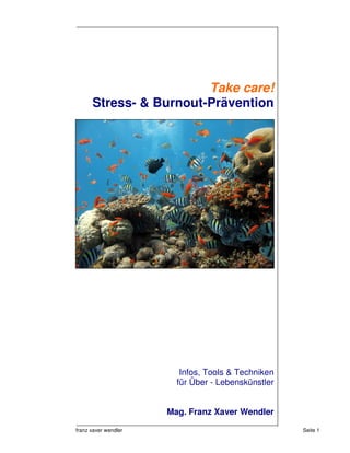 Take care!
      Stress- & Burnout-Prävention




                         Infos, Tools & Techniken
                        für Über - Lebenskünstler


                      Mag. Franz Xaver Wendler

franz xaver wendler                                 Seite 1
 