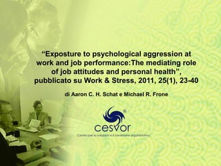 “Exposture to psychological aggression at
work and job performance:The mediating role
of job attitudes and personal health”,
pubblicato su Work & Stress, 2011, 25(1), 23-40
di Aaron C. H. Schat e Michael R. Frone
 
