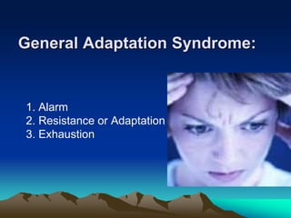 General Adaptation Syndrome:
1. Alarm
2. Resistance or Adaptation
3. Exhaustion
 