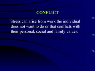 CONFLICT

Stress can arise from work the individual
does not want to do or that conflicts with
their personal, social and family values.
 
