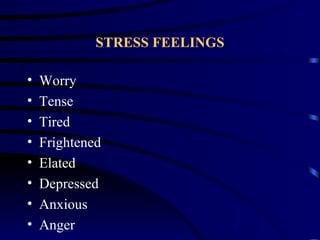 STRESS FEELINGS

•   Worry
•   Tense
•   Tired
•   Frightened
•   Elated
•   Depressed
•   Anxious
•   Anger
 