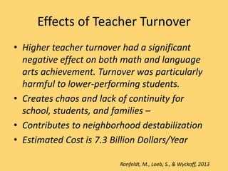 Effects of Teacher Turnover
• Higher teacher turnover had a significant
negative effect on both math and language
arts achievement. Turnover was particularly
harmful to lower-performing students.
• Creates chaos and lack of continuity for
school, students, and families –
• Contributes to neighborhood destabilization
• Estimated Cost is 7.3 Billion Dollars/Year
Ronfeldt, M., Loeb, S., & Wyckoff, 2013
 
