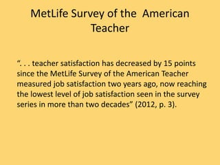 MetLife Survey of the American
Teacher
“. . . teacher satisfaction has decreased by 15 points
since the MetLife Survey of the American Teacher
measured job satisfaction two years ago, now reaching
the lowest level of job satisfaction seen in the survey
series in more than two decades” (2012, p. 3).
 