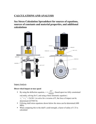 CALCULATIONS AND ANALYSIS
See Stress Calculation Spreadsheet for sources of equations,
sources of constants and material properties, and additional
calculations
Impact Analysis
Direct wheel impact at max speed
 By using the deflection equation,
EI
Fl
s
192
3
= (based upon two fully constrained
rod ends), solving for F, and using a basic kinematic equation (
)(2
22
savv of ∆== ) to solve for s in terms of F, the force of impact can be
determined (227505 N)
 Utilizing shaft stress equations shown below the stress can be determined (400
MPa)
 When comparing this to the shaft’s yield strength, a factor of safety of 1.33 is
calculated
 