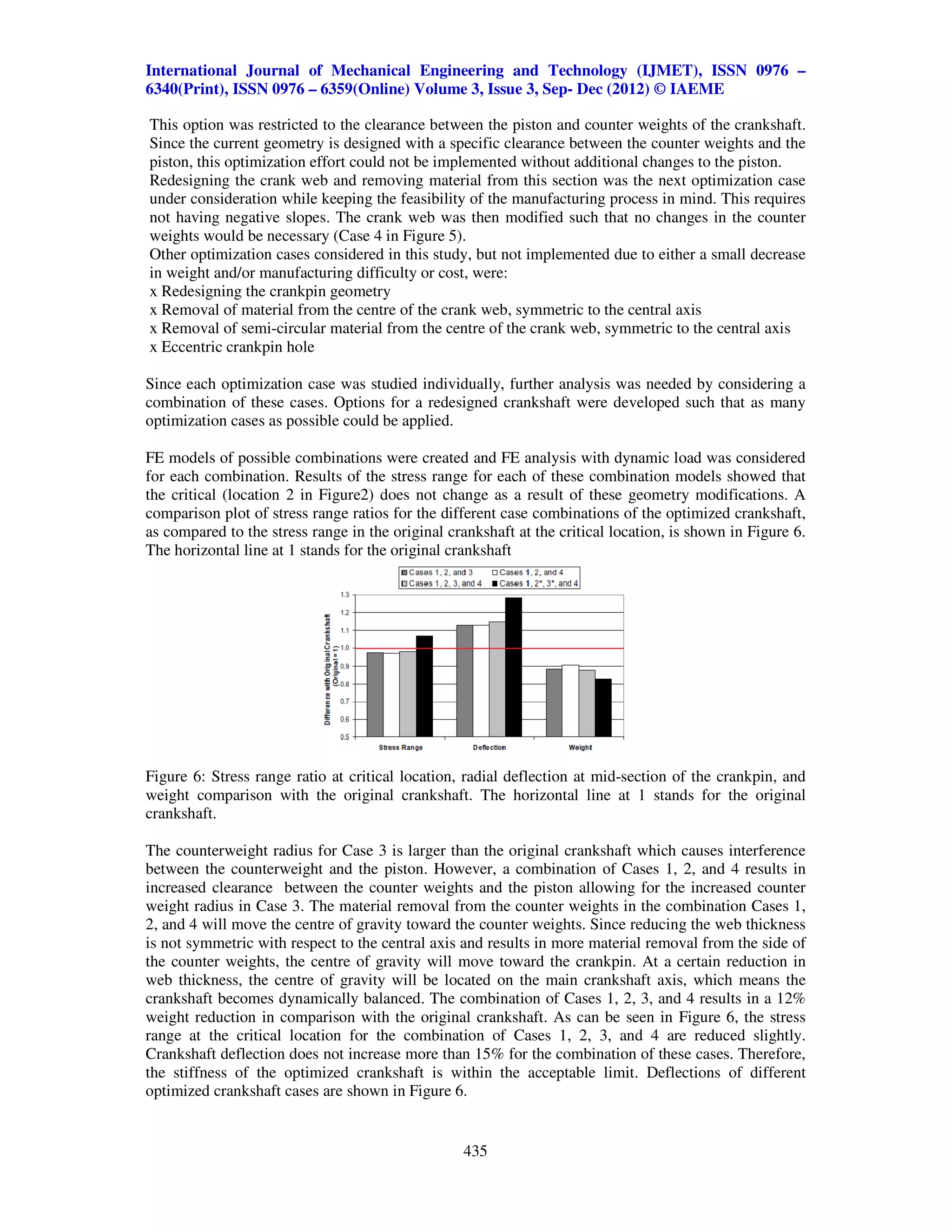 International Journal of Mechanical Engineering and Technology (IJMET), ISSN 0976 –
6340(Print), ISSN 0976 – 6359(Online) Volume 3, Issue 3, Sep- Dec (2012) © IAEME

This option was restricted to the clearance between the piston and counter weights of the crankshaft.
Since the current geometry is designed with a specific clearance between the counter weights and the
piston, this optimization effort could not be implemented without additional changes to the piston.
Redesigning the crank web and removing material from this section was the next optimization case
under consideration while keeping the feasibility of the manufacturing process in mind. This requires
not having negative slopes. The crank web was then modified such that no changes in the counter
weights would be necessary (Case 4 in Figure 5).
Other optimization cases considered in this study, but not implemented due to either a small decrease
in weight and/or manufacturing difficulty or cost, were:
x Redesigning the crankpin geometry
x Removal of material from the centre of the crank web, symmetric to the central axis
x Removal of semi-circular material from the centre of the crank web, symmetric to the central axis
x Eccentric crankpin hole

Since each optimization case was studied individually, further analysis was needed by considering a
combination of these cases. Options for a redesigned crankshaft were developed such that as many
optimization cases as possible could be applied.

FE models of possible combinations were created and FE analysis with dynamic load was considered
for each combination. Results of the stress range for each of these combination models showed that
the critical (location 2 in Figure2) does not change as a result of these geometry modifications. A
comparison plot of stress range ratios for the different case combinations of the optimized crankshaft,
as compared to the stress range in the original crankshaft at the critical location, is shown in Figure 6.
The horizontal line at 1 stands for the original crankshaft




Figure 6: Stress range ratio at critical location, radial deflection at mid-section of the crankpin, and
weight comparison with the original crankshaft. The horizontal line at 1 stands for the original
crankshaft.

The counterweight radius for Case 3 is larger than the original crankshaft which causes interference
between the counterweight and the piston. However, a combination of Cases 1, 2, and 4 results in
increased clearance between the counter weights and the piston allowing for the increased counter
weight radius in Case 3. The material removal from the counter weights in the combination Cases 1,
2, and 4 will move the centre of gravity toward the counter weights. Since reducing the web thickness
is not symmetric with respect to the central axis and results in more material removal from the side of
the counter weights, the centre of gravity will move toward the crankpin. At a certain reduction in
web thickness, the centre of gravity will be located on the main crankshaft axis, which means the
crankshaft becomes dynamically balanced. The combination of Cases 1, 2, 3, and 4 results in a 12%
weight reduction in comparison with the original crankshaft. As can be seen in Figure 6, the stress
range at the critical location for the combination of Cases 1, 2, 3, and 4 are reduced slightly.
Crankshaft deflection does not increase more than 15% for the combination of these cases. Therefore,
the stiffness of the optimized crankshaft is within the acceptable limit. Deflections of different
optimized crankshaft cases are shown in Figure 6.


                                                   435
 