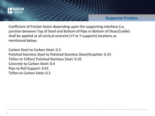 17 
Supports Friction 
Coefficient of friction factor depending upon the supporting interface (i.e, 
junction between Top of Steel and Bottom of Pipe or Bottom of Shoe/Cradle) 
shall be applied at all vertical restraint (+Y or Y supports) locations as 
mentioned below. 
Carbon Steel to Carbon Steel: 0.3 
Polished Stainless Steel to Polished Stainless Steel/Graphite: 0.15 
Teflon to Teflon/ Polished Stainless Steel: 0.10 
Concrete to Carbon Steel: 0.4 
Pipe to Roll Support: 0.01 
Teflon to Carbon Steel: 0.2 
 