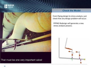 18 
Check the Model 
From Piping design to stress analysis, just 
check that any design problem will occur. 
PIPING Redesign will generate a new 
stress analysis process. 
 