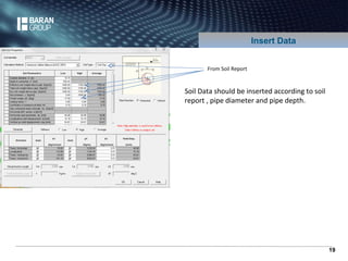 19 
From Soil Report 
Insert Data 
Soil Data should be inserted according to soil 
report , pipe diameter and pipe depth. 
 