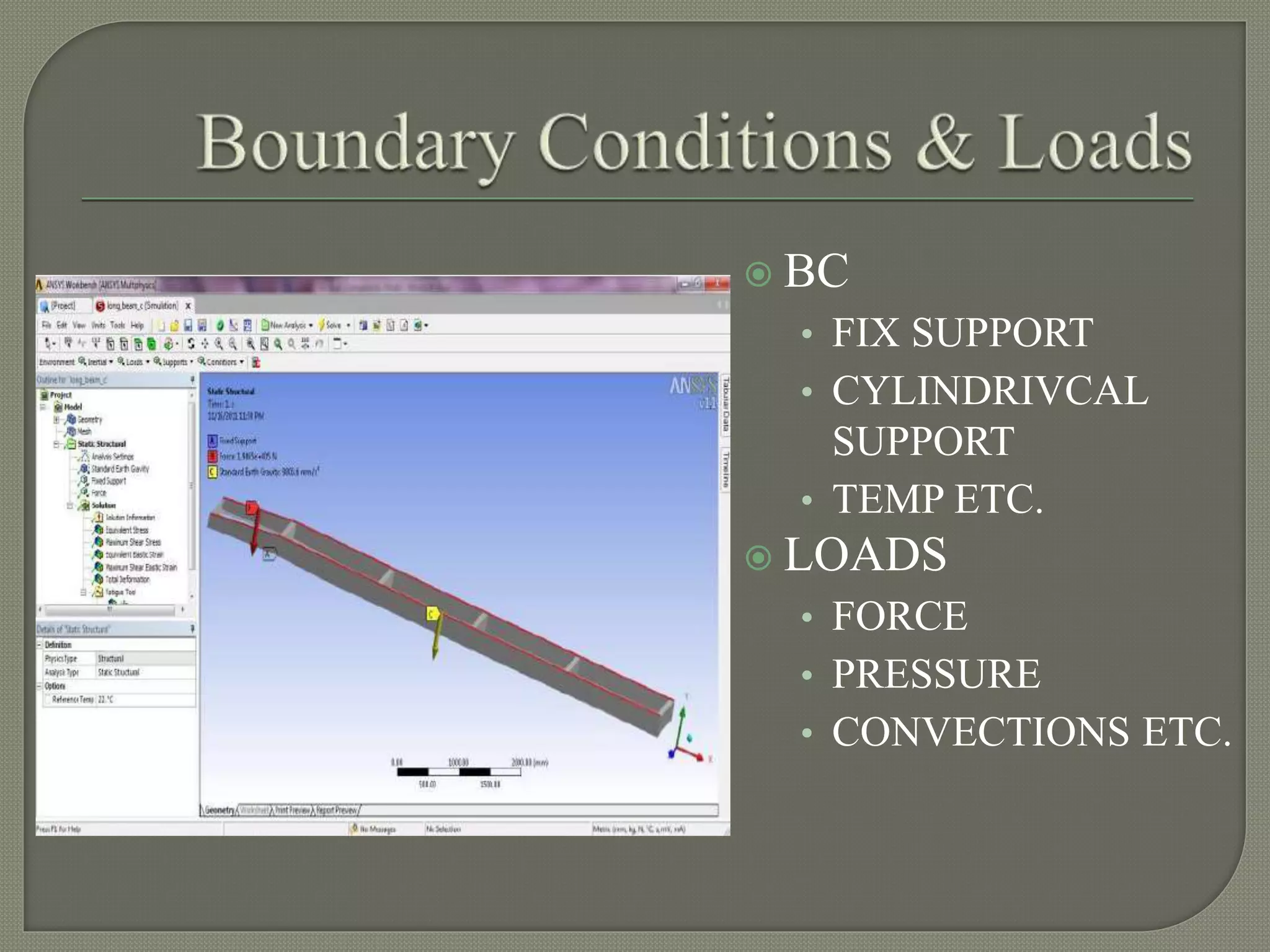 BC
• FIX SUPPORT
• CYLINDRIVCAL
SUPPORT
• TEMP ETC.
 LOADS
• FORCE
• PRESSURE
• CONVECTIONS ETC.
 