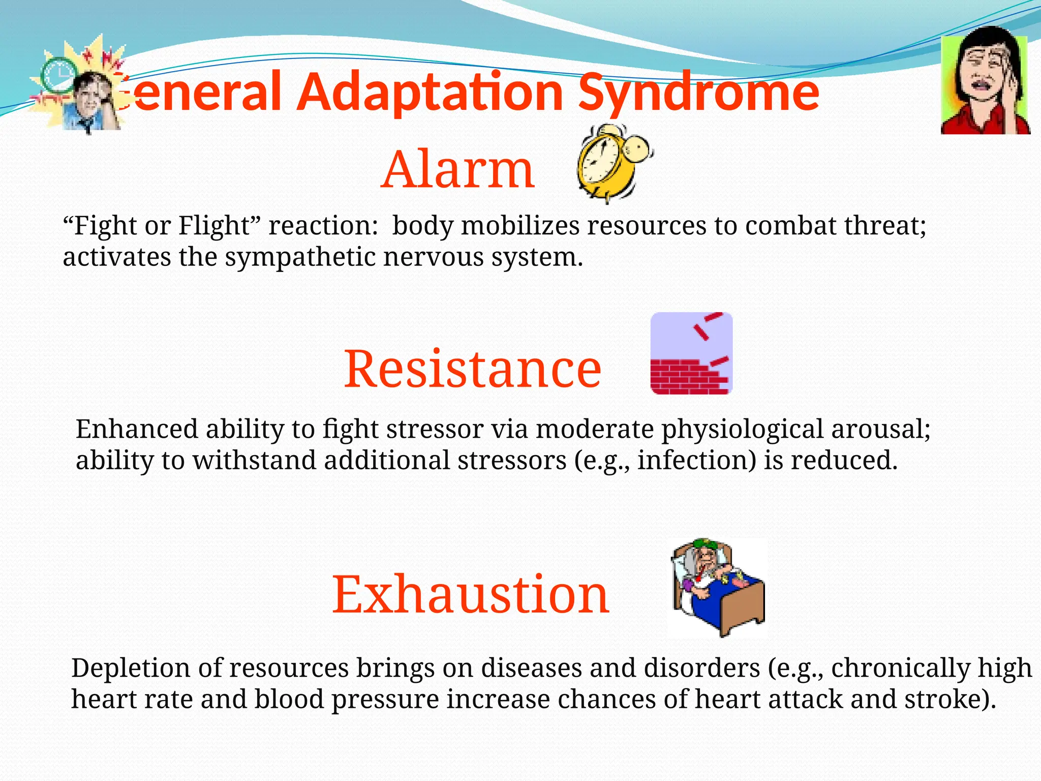 General Adaptation Syndrome
Alarm
“Fight or Flight” reaction: body mobilizes resources to combat threat;
activates the sympathetic nervous system.
Resistance
Enhanced ability to fight stressor via moderate physiological arousal;
ability to withstand additional stressors (e.g., infection) is reduced.
Exhaustion
Depletion of resources brings on diseases and disorders (e.g., chronically high
heart rate and blood pressure increase chances of heart attack and stroke).
 