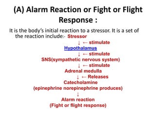 (A) Alarm Reaction or Fight or Flight
Response :
It is the body’s initial reaction to a stressor. It is a set of
the reaction include:- Stressor
↓ ← stimulate
Hypothalamus
↓ ← stimulate
SNS(sympathetic nervous system)
↓ ← stimulate
Adrenal medulla
↓ ← Releases
Catecholamine
(epinephrine norepinephrine produces)
↓
Alarm reaction
(Fight or flight response)
 