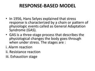 RESPONSE-BASED MODEL
• In 1956, Hans Selyes explained that stress
response is characterized by a chain or pattern of
physiologic events called as General Adaptation
Syndrome (GAS).
• GAS is a three-stage process that describes the
physiological changes the body goes through
when under stress. The stages are :
i. Alarm reaction
ii. Resistance reaction
iii. Exhaustion stage
 