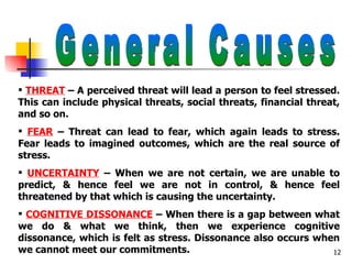 General Causes THREAT  – A perceived threat will lead a person to feel stressed. This can include physical threats, social threats, financial threat, and so on.  FEAR  – Threat can lead to fear, which again leads to stress. Fear leads to imagined outcomes, which are the real source of stress. UNCERTAINTY  – When we are not certain, we are unable to predict, & hence feel we are not in control, & hence feel threatened by that which is causing the uncertainty. COGNITIVE DISSONANCE  – When there is a gap between what we do & what we think, then we experience cognitive dissonance, which is felt as stress. Dissonance also occurs when we cannot meet our commitments. 
