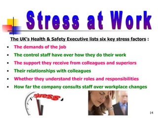 Stress at Work The UK’s Health & Safety Executive lists six key stress factors  : The demands of the job The control staff have over how they do their work The support they receive from colleagues and superiors Their relationships with colleagues Whether they understand their roles and responsibilities How far the company consults staff over workplace changes 