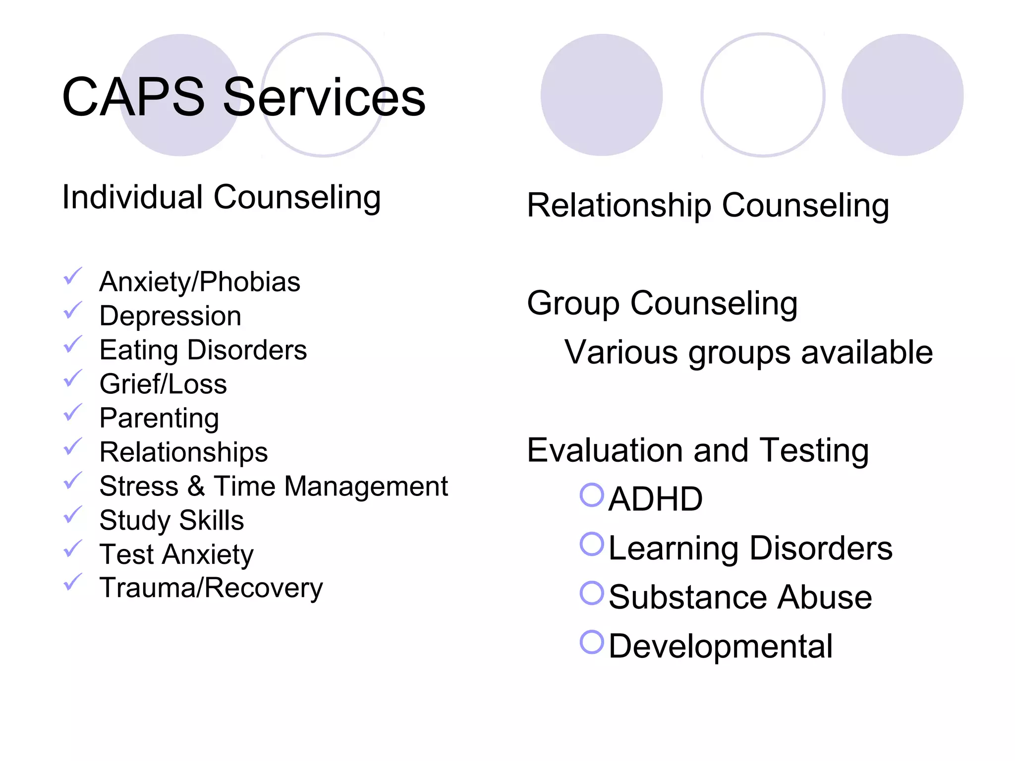 CAPS Services
Individual Counseling          Relationship Counseling

   Anxiety/Phobias
   Depression                 Group Counseling
   Eating Disorders             Various groups available
   Grief/Loss
   Parenting
   Relationships              Evaluation and Testing
   Stress & Time Management       ADHD
   Study Skills
   Test Anxiety                   Learning Disorders
   Trauma/Recovery                Substance Abuse
                                   Developmental
 
