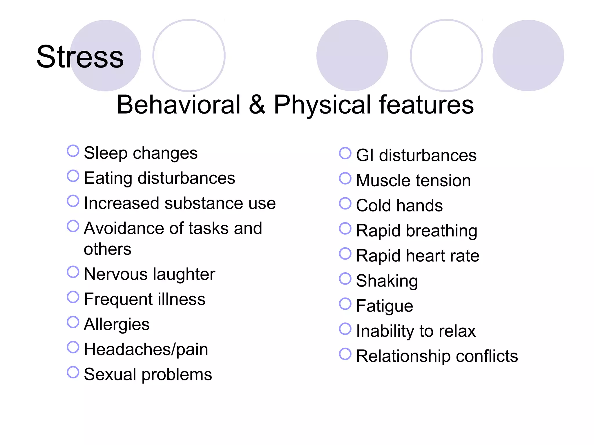Stress
        Behavioral & Physical features
   Sleep changes              GI disturbances
   Eating disturbances        Muscle tension
   Increased substance use    Cold hands
   Avoidance of tasks and     Rapid breathing
    others                     Rapid heart rate
   Nervous laughter           Shaking
   Frequent illness           Fatigue
   Allergies                  Inability to relax
   Headaches/pain             Relationship conflicts
   Sexual problems
 