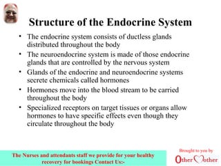 Structure of the Endocrine System
• The endocrine system consists of ductless glands
distributed throughout the body
• The neuroendocrine system is made of those endocrine
glands that are controlled by the nervous system
• Glands of the endocrine and neuroendocrine systems
secrete chemicals called hormones
• Hormones move into the blood stream to be carried
throughout the body
• Specialized receptors on target tissues or organs allow
hormones to have specific effects even though they
circulate throughout the body
Brought to you by
The Nurses and attendants staff we provide for your healthy
recovery for bookings Contact Us:-
 