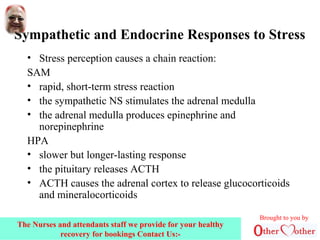 Sympathetic and Endocrine Responses to Stress
• Stress perception causes a chain reaction:
SAM
• rapid, short-term stress reaction
• the sympathetic NS stimulates the adrenal medulla
• the adrenal medulla produces epinephrine and
norepinephrine
HPA
• slower but longer-lasting response
• the pituitary releases ACTH
• ACTH causes the adrenal cortex to release glucocorticoids
and mineralocorticoids
Brought to you by
The Nurses and attendants staff we provide for your healthy
recovery for bookings Contact Us:-
 