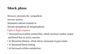 Shock phase
Stressors stimulate the sympathetic
nervous system,
Stimulates adrenal medulla to
Secrete epinephrine & norepinephrine
Fight or flight response
• Increased myocardial contractility, which increases cardiac output
and blood flow to active muscles
• 2. Bronchial dilation, which allows increased oxygen intake
• 3. Increased blood clotting
• 4. Increased cellular metabolism
 