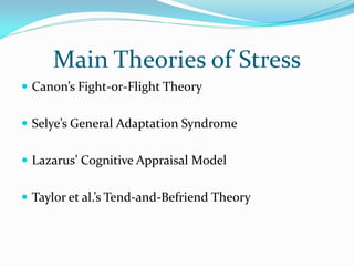 Main Theories of Stress
 Canon’s Fight-or-Flight Theory


 Selye’s General Adaptation Syndrome


 Lazarus’ Cognitive Appraisal Model


 Taylor et al.’s Tend-and-Befriend Theory
 