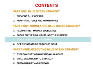 PART ONE: BLUE OCEAN STRATEGY
1. CREATING BLUE OCEANS
2. ANALYTICAL TOOLS AND FRAMEWORKS
PART TWO: FORMULATING BLUE OCEAN STRATEGY
3. RECONSTRUCT MARKET BOUNDARIES
4. FOCUS ON THE BIG PICTURE, NOT THE NUMBERS
5. REACH BEYOND EXISTING DEMAND
6. GET THE STRATEGIC SEQUENCE RIGHT
PART THREE: EXECUTING BLUE OCEAN STRATEGY
7. OVERCOME KEY ORGANIZATIONAL HURDLES
8. BUILD EXECUTION INTO STRATEGY
9. SUSTAINABILITY AND RENEWAL
CONTENTS
 