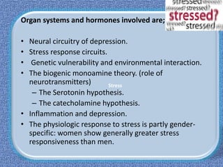 Stress
Organ systems and hormones involved are;
• Neural circuitry of depression.
• Stress response circuits.
• Genetic vulnerability and environmental interaction.
• The biogenic monoamine theory. (role of
neurotransmitters)
– The Serotonin hypothesis.
– The catecholamine hypothesis.
• Inflammation and depression.
• The physiologic response to stress is partly gender-
specific: women show generally greater stress
responsiveness than men.
 