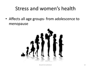 Stress and women’s health
• Affects all age groups- from adolescence to
menopause
10
Breath & meditation
 