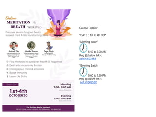 Course Details:*
*DATE : 1st to 4th Oct*
*Morning batch*
6.40 to 9.00 AM
Reg @ below link -:
aolt.in/503168
*Evening Batch*
5:00 to 7.30 PM
Reg @ below link -:
aolt.in/502582
 