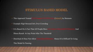 STIMULUS BASED MODEL
• This Approach Treated Life Changes Or Life Events [Stimuli] As Stressors
• Example High Stressed Job ,Over Crowding
• It Is Based On A Fact That All People Have A Common Threshold Of Stimulus And
Illness Result At Any Point After The Threshold
• Drawback It Does Not Allow Individual Difference Hence It Is Difficult To Using
This Model In Nursing
 