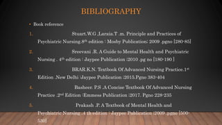 BIBLIOGRAPHY
• Book reference
1. Stuart.W.G ,Laraia.T .m. Principle and Practices of
Psychiatric Nursing.8th edition : Mosby Publication; 2009 .pgno [280-85]
2. Sreevani .R. A Guide to Mental Health and Psychiatric
Nursing . 4th edition : Jaypee Publication ;2010 .pg no [180-190 ]
3. BRAR.K.N. Textbook Of Advanced Nursing Practice.1st
Edition .New Delhi :Jaypee Publication ;2015.Pgno 383-404
4. Basheer. P.S .A Concise Textbook Of Advanced Nursing
Practice .2nd Edition :Emmess Publication ;2017. Pgno 228-235
5. Prakash .P. A Textbook of Mental Health and
Psychiatric Nursing .4 th edition : Jaypee Publication ;2009 .pgno [500-
530]
 