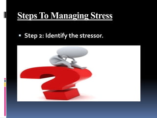  Step 2: Identify the stressor.
Steps To Managing Stress
 