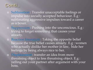  Sublimation : Transfer unacceptable feelings or
impulse into socially accepted behaviour. E.g :
sublimating aggressive impulses toward a career
as a boxer.
 Suppression : Pushing into the unconscious. E.g :
trying to forget something that causes your
anxiety.
 Reaction formation : Taking the opposite belief
because the true belief causes anxiety. E.g : women
who actually dislike her mother in law, hide her
feelings by being always nice to her.
 Displacement : transfer an idea from more
threatning object to less threatning object. E.g :
yelling out your partner after argument with your
boss.
 