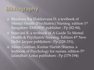  Bhaskara Raj Elakkuvana D. a textbook of
Mental Health (Psychiatric) Nursing. edition 1st
Bangalore: EMMESS publisher : Pp (82-94).
 Sreevani R. a textbook of A Guide To Mental
Health & Psychiatric Nursing. Edition 4th New
Delhi: Jaypee publishers : Pp (328-331).
 Mann Gulshan, Kumar Harish Sharma. a
textbook of Psychology for nurses. edition 5th
Jalandhar: Lotus publishers : Pp (179-194)
 