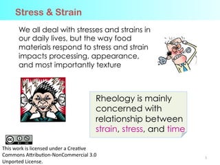 1	
  
We all deal with stresses and strains in
our daily lives, but the way food
materials respond to stress and strain
impacts processing, appearance,
and most importantly texture
Stress & Strain
Rheology is mainly
concerned with
relationship between
strain, stress, and time
This	
  work	
  is	
  licensed	
  under	
  a	
  Crea3ve	
  
Commons	
  A7ribu3on-­‐NonCommercial	
  3.0	
  
Unported	
  License.	
  
 