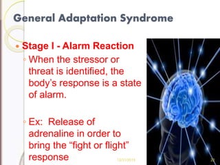 General Adaptation Syndrome
 Stage I - Alarm Reaction
◦ When the stressor or
threat is identified, the
body’s response is a state
of alarm.
◦ Ex: Release of
adrenaline in order to
bring the “fight or flight”
response 12/31/2015 22
 