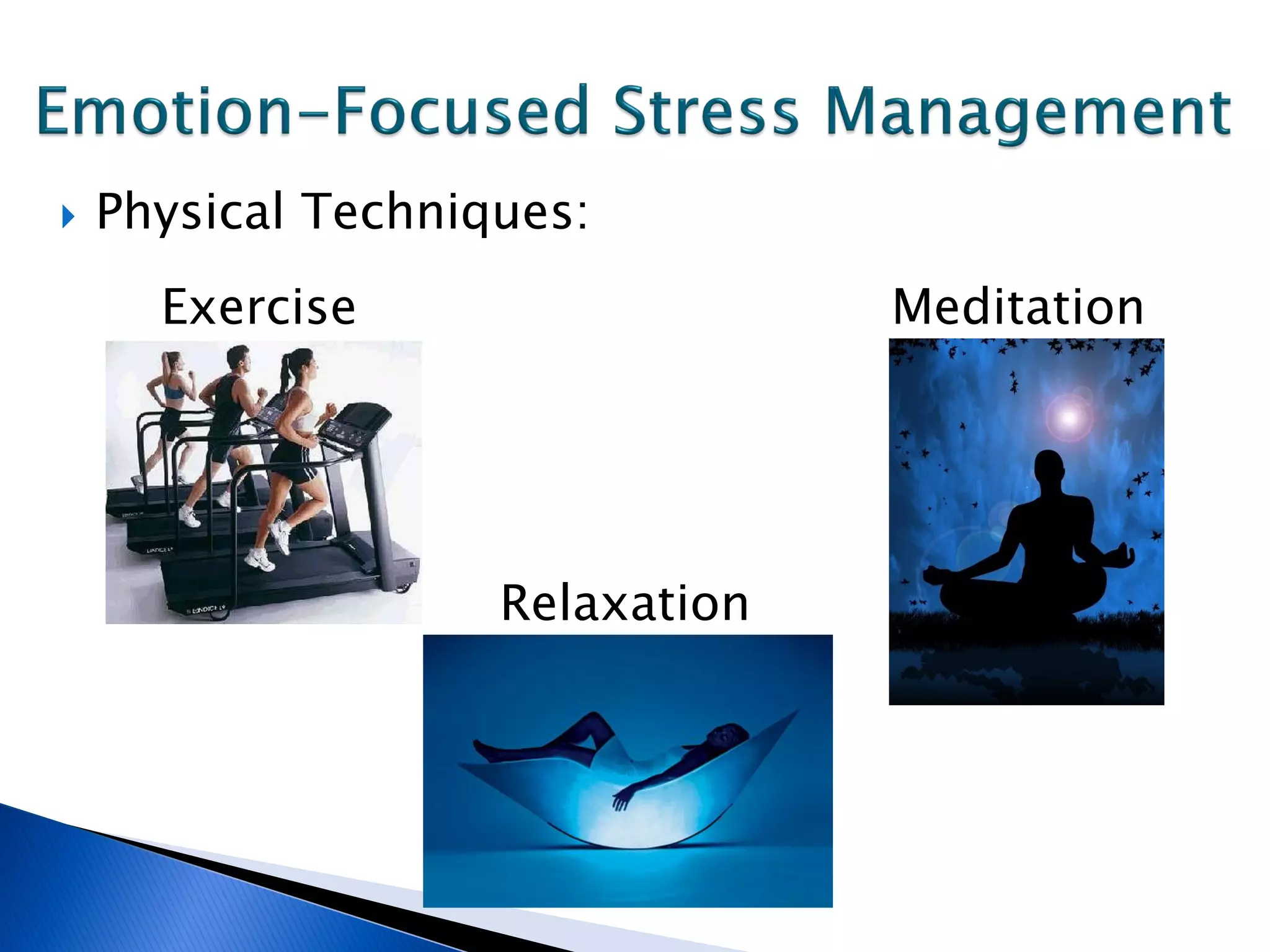    Physical Techniques:
      Exercise                   Meditation




                    Relaxation
 