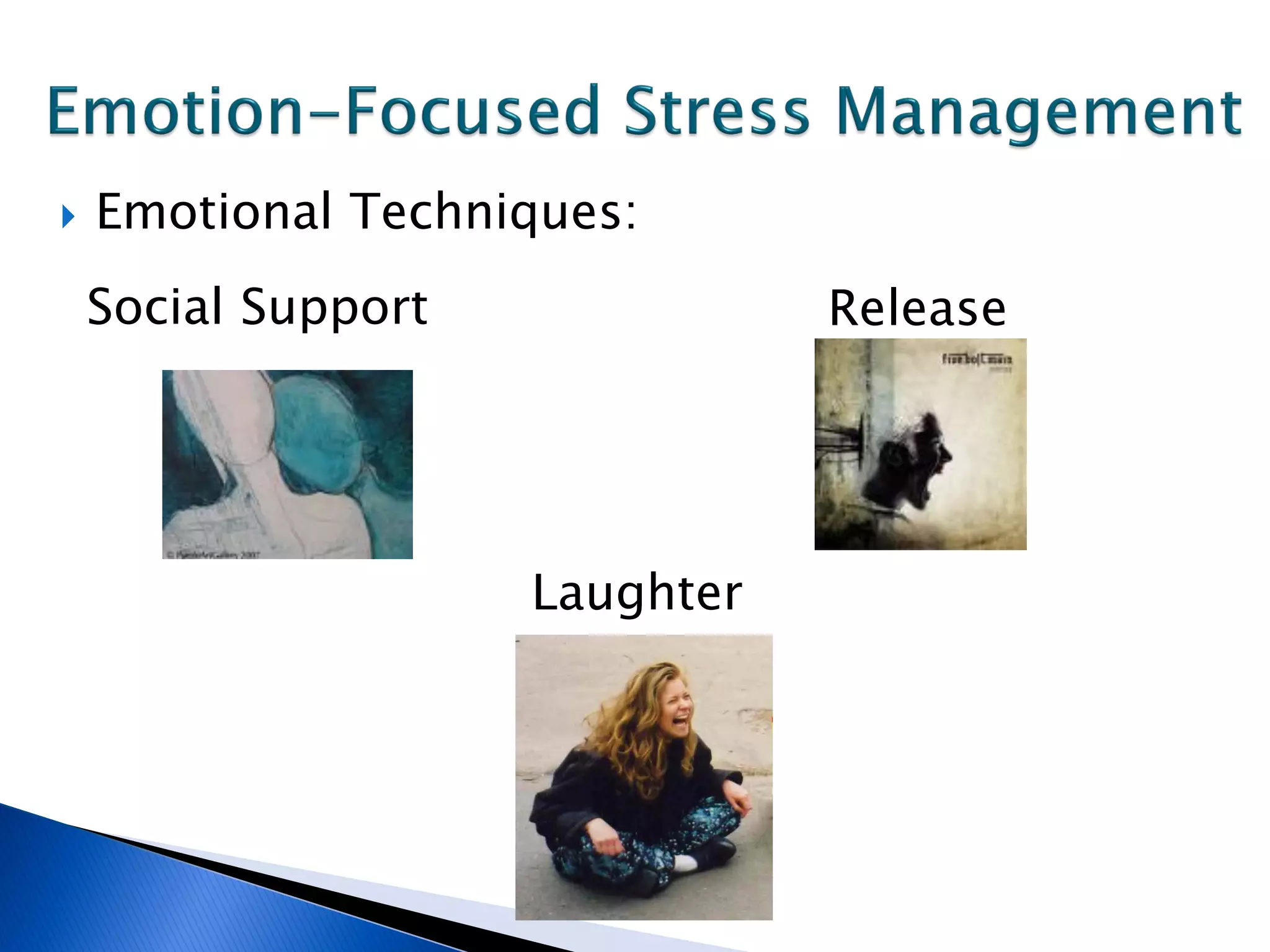    Emotional Techniques:
    Social Support              Release




                     Laughter
 