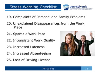 Stress Warning Checklist
19. Complaints of Personal and Family Problems
20. Unexplained Disappearances from the Work
Place
21. Sporadic Work Pace
22. Inconsistent Work Quality
23. Increased Lateness
24. Increased Absenteeism
25. Loss of Driving License
12PPT-153-01
 
