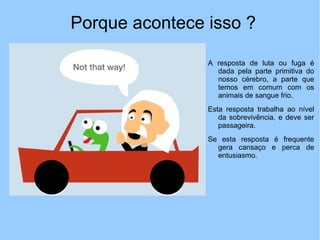 Porque acontece isso ?
A resposta de luta ou fuga é
dada pela parte primitiva do
nosso cérebro, a parte que
temos em comum com os
animais de sangue frio.
Esta resposta trabalha ao nível
da sobrevivência, e deve ser
passageira.
Se esta resposta é frequente
gera cansaço e perca de
entusiasmo.
 