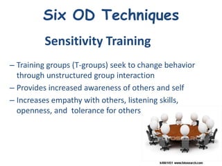 Six OD Techniques
         Sensitivity Training
– Training groups (T-groups) seek to change behavior
  through unstructured group interaction
– Provides increased awareness of others and self
– Increases empathy with others, listening skills,
  openness, and tolerance for others
 