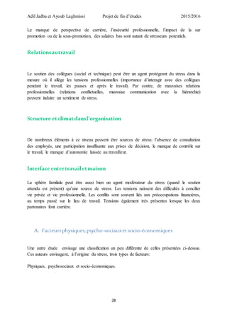 Adil Jadba et Ayoub Laghmissi Projet de fin d’études 2015/2016
28
Le manque de perspective de carrière, l’insécurité professionnelle, l’impact de la sur
promotion ou de la sous-promotion, des salaires bas sont autant de stresseurs potentiels.
Relationsautravail
Le soutien des collègues (social et technique) peut être un agent protégeant du stress dans la
mesure où il allège les tensions professionnelles (importance d’interagir avec des collègues
pendant le travail, les pauses et après le travail). Par contre, de mauvaises relations
professionnelles (relations conflictuelles, mauvaise communication avec la hiérarchie)
peuvent induire un sentiment de stress.
Structure etclimatdansl’organisation
De nombreux éléments à ce niveau peuvent être sources de stress: l’absence de consultation
des employés, une participation insuffisante aux prises de décision, le manque de contrôle sur
le travail, le manque d’autonomie laissée au travailleur.
Interfaceentretravailetmaison
La sphère familiale peut être aussi bien un agent modérateur du stress (quand le soutien
attendu est présent) qu’une source de stress. Les tensions naissent des difficultés à concilier
vie privée et vie professionnelle. Les conflits sont souvent liés aux préoccupations financières,
au temps passé sur le lieu de travail. Tensions également très présentes lorsque les deux
partenaires font carrière.
A. Facteursphysiques,psycho-sociauxet socio-économiques
Une autre étude envisage une classification un peu différente de celles présentées ci-dessus.
Ces auteurs envisagent, à l’origine du stress, trois types de facteurs:
Physiques, psychosociaux et socio-économiques.
 
