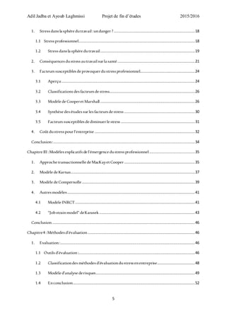 Adil Jadba et Ayoub Laghmissi Projet de fin d’études 2015/2016
5
1. Stressdanslasphèredutravail:undanger? .......................................................................18
1.1 Stressprofessionnel......................................................................................................18
1.2 Stressdanslasphèredutravail...................................................................................19
2. Conséquencesdustressautravailsurlasanté....................................................................21
3. Facteurssusceptiblesdeprovoquerdustressprofessionnel................................................24
3.1 Aperçu.....................................................................................................................24
3.2 Classificationsdesfacteursdestress...........................................................................26
3.3 ModèledeCooperetMarshall ...................................................................................26
3.4 Synthèsedesétudessurlesfacteursdestress ..............................................................30
3.5 Facteurssusceptiblesdediminuerlestress .................................................................31
4. Coûtdustresspourl’entreprise ........................................................................................32
Conclusion:............................................................................................................................34
ChapitreIII:Modèlesexplicatifsdel’émergencedustressprofessionnel........................................35
1. ApprochetransactionnelledeMacKayetCooper ..............................................................35
2. ModèledeKarnas.............................................................................................................37
3. ModèledeCompernolle ...................................................................................................39
4. Autresmodèles................................................................................................................41
4.1 ModèleINRCT.........................................................................................................41
4.2 “Jobstrainmodel” deKarasek....................................................................................43
Conclusion .............................................................................................................................46
Chapitre4 :Méthodesd’évaluation..............................................................................................46
1. Evaluation:......................................................................................................................46
1.1 Outilsd’évaluation:......................................................................................................46
1.2 Classificationdesméthodesd’évaluationdustressenentreprise.................................48
1.3 Modèled’analysederisques.......................................................................................49
1.4 Enconclusion...........................................................................................................52
 