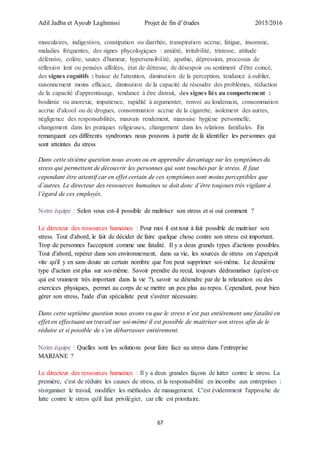 Adil Jadba et Ayoub Laghmissi Projet de fin d’études 2015/2016
67
musculaires, indigestion, constipation ou diarrhée, transpiration accrue, fatigue, insomnie,
maladies fréquentes, des signes phycologiques : anxiété, irritabilité, tristesse, attitude
défensive, colère, sautes d'humeur, hypersensibilité, apathie, dépression, processus de
réflexion lent ou pensées affolées, état de détresse, de désespoir ou sentiment d'être coincé,
des signes cognitifs : baisse de l'attention, diminution de la perception, tendance à oublier,
raisonnement moins efficace, diminution de la capacité de résoudre des problèmes, réduction
de la capacité d'apprentissage, tendance à être distrait, des signes liés au comportement :
boulimie ou anorexie, impatience, rapidité à argumenter, renvoi au lendemain, consommation
accrue d'alcool ou de drogues, consommation accrue de la cigarette, isolement des autres,
négligence des responsabilités, mauvais rendement, mauvaise hygiène personnelle,
changement dans les pratiques religieuses, changement dans les relations familiales. En
remarquant ces différents syndromes nous pouvons à partir de là identifier les personnes qui
sont atteintes du stress
Dans cette sixième question nous avons ou en apprendre davantage sur les symptômes du
stress qui permettent de découvrir les personnes qui sont touchés par le stress. Il faut
cependant être attentif car en effet certain de ces symptômes sont moins perceptibles que
d’autres. Le directeur des ressources humaines se doit donc d’être toujours très vigilant à
l’égard de ces employés.
Notre équipe : Selon vous est-il possible de maîtriser son stress et si oui comment ?
Le directeur des ressources humaines : Pour moi il est tout à fait possible de maitriser son
stress. Tout d'abord, le fait de décider de faire quelque chose contre son stress est important.
Trop de personnes l'acceptent comme une fatalité. Il y a deux grands types d'actions possibles.
Tout d'abord, repérer dans son environnement, dans sa vie, les sources de stress on s'aperçoit
vite qu'il y en sans doute un certain nombre que l'on peut supprimer soi-même. Le deuxième
type d'action est plus sur soi-même. Savoir prendre du recul, toujours dédramatiser (qu'est-ce
qui est vraiment très important dans la vie ?), savoir se détendre par de la relaxation ou des
exercices physiques, permet au corps de se mettre un peu plus au repos. Cependant, pour bien
gérer son stress, l'aide d'un spécialiste peut s'avérer nécessaire.
Dans cette septième question nous avons vu que le stress n’est pas entièrement une fatalité en
effet en effectuant un travail sur soi-même il est possible de maitriser son stress afin de le
réduire et si possible de s’en débarrasser entièrement.
Notre équipe : Quelles sont les solutions pour faire face au stress dans l’entreprise
MARJANE ?
Le directeur des ressources humaines : Il y a deux grandes façons de lutter contre le stress. La
première, c'est de réduire les causes de stress, et la responsabilité en incombe aux entreprises :
réorganiser le travail, modifier les méthodes de management. C'est évidemment l'approche de
lutte contre le stress qu'il faut privilégier, car elle est prioritaire.
 