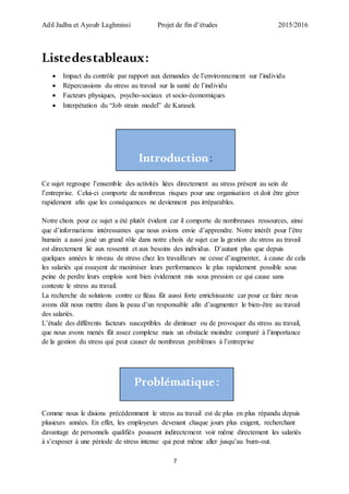 Adil Jadba et Ayoub Laghmissi Projet de fin d’études 2015/2016
7
Listedestableaux:
 Impact du contrôle par rapport aux demandes de l’environnement sur l’individu
 Répercussions du stress au travail sur la santé de l’individu
 Facteurs physiques, psycho-sociaux et socio-économiques
 Interpétation du “Job strain model” de Karasek
Introduction:
Ce sujet regroupe l’ensemble des activités liées directement au stress présent au sein de
l’entreprise. Celui-ci comporte de nombreux risques pour une organisation et doit être gérer
rapidement afin que les conséquences ne deviennent pas irréparables.
Notre choix pour ce sujet a été plutôt évident car il comporte de nombreuses ressources, ainsi
que d’informations intéressantes que nous avions envie d’apprendre. Notre intérêt pour l’être
humain a aussi joué un grand rôle dans notre choix de sujet car la gestion du stress au travail
est directement lié aux ressentit et aux besoins des individus. D’autant plus que depuis
quelques années le niveau de stress chez les travailleurs ne cesse d’augmenter, à cause de cela
les salariés qui essayent de maximiser leurs performances le plus rapidement possible sous
peine de perdre leurs emplois sont bien évidement mis sous pression ce qui cause sans
conteste le stress au travail.
La recherche de solutions contre ce fléau fût aussi forte enrichissante car pour ce faire nous
avons dût nous mettre dans la peau d’un responsable afin d’augmenter le bien-être au travail
des salariés.
L’étude des différents facteurs susceptibles de diminuer ou de provoquer du stress au travail,
que nous avons menés fût assez complexe mais un obstacle moindre comparé à l’importance
de la gestion du stress qui peut causer de nombreux problèmes à l’entreprise
Problématique:
Comme nous le disions précédemment le stress au travail est de plus en plus répandu depuis
plusieurs années. En effet, les employeurs devenant chaque jours plus exigent, recherchant
davantage de personnels qualifiés poussent indirectement voir même directement les salariés
à s’exposer à une période de stress intense qui peut même aller jusqu’au burn-out.
 
